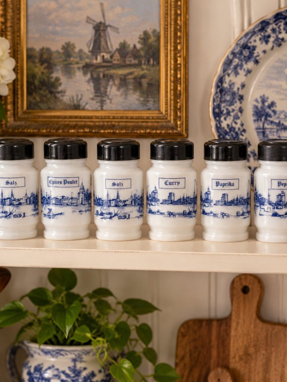 Vintage European Milk Glass Spice Jars Set of 6 Dutch German French Blue & White